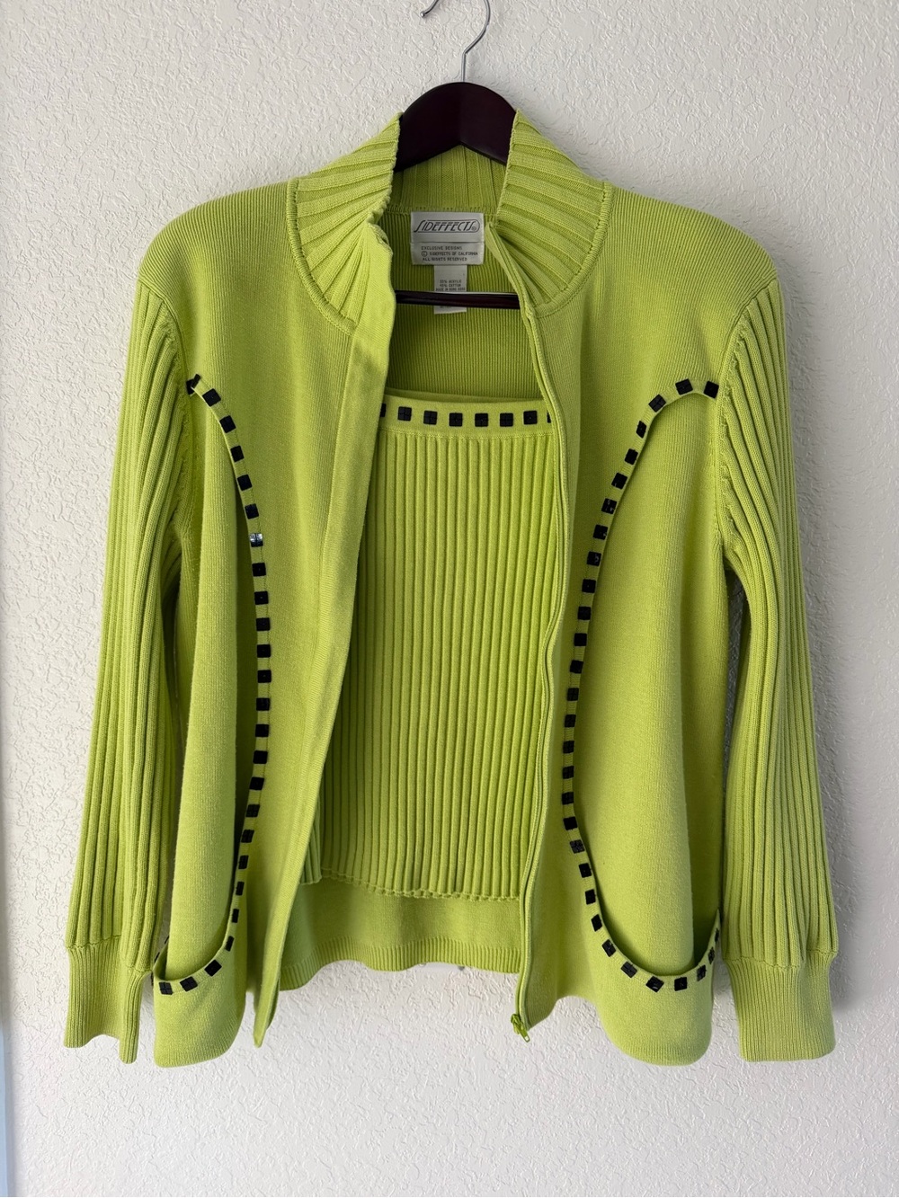 Y2K Side Effects Ribbed Knit Twin Set Lime Green w/ Checkered Trim